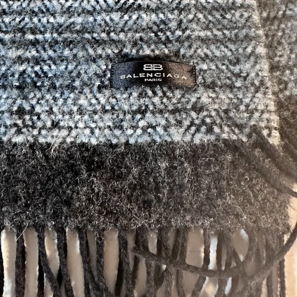 Balenciaga Scarf Unisex Black Gray Tweed Black BLue Gray Herringbone Chevron
